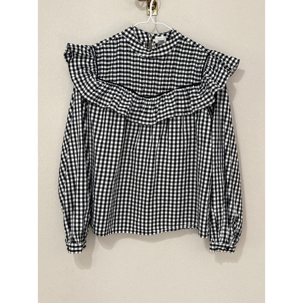 A New Day Gingham Ruffle Blouse Women XS Black White Mock Neck Cotton Top
